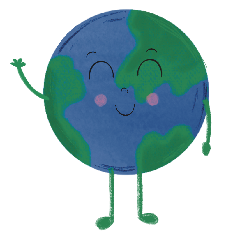 ein illustrierter Planet Erde mit Gesicht, Händen und Füßen winkt